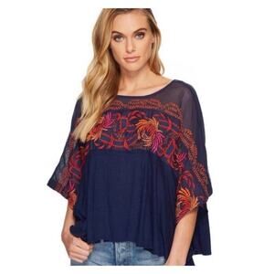 Free People Love Letter Embroidered Oversized Top S Blue
